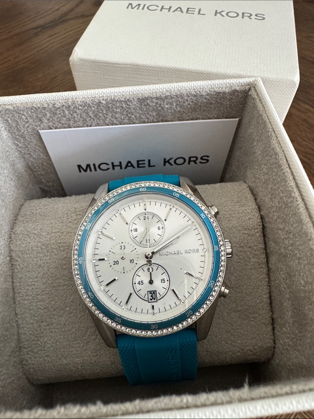 Michael Kors Hadyn Turquoise & White Crystal-Trim Chronograph Watch - Picture 6 of 6